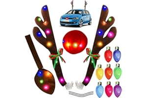 ANGELA&ALEX Reindeer Antlers for Cars, Christmas Reindeer Antlers Car Decoration Kit with Color LED Light, Car Decorations with Antlers, Red Nose, Tail, Bell, Reflective Bulb Lights Suitable for Any Cars