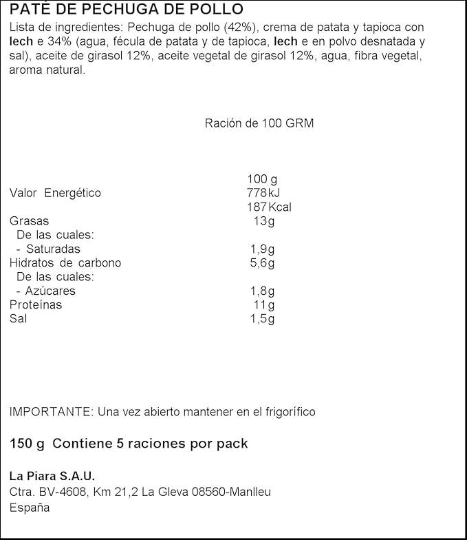 La Piara Sólo Natural - Paté de Pechuga de Pollo, 2 X 75 g: Amazon ...
