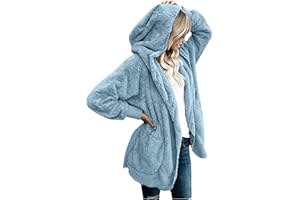 DPTALR Womens Fleece Hooded Cardigan Fuzzy Fleece Open Front Hoodie Solid Oversized Jacket Thick Fleece Hooded Coat Outerwear