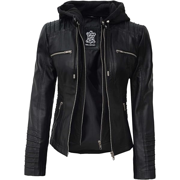 fjackets Black Leather Jacket With Hooded Style - Women's Jacket