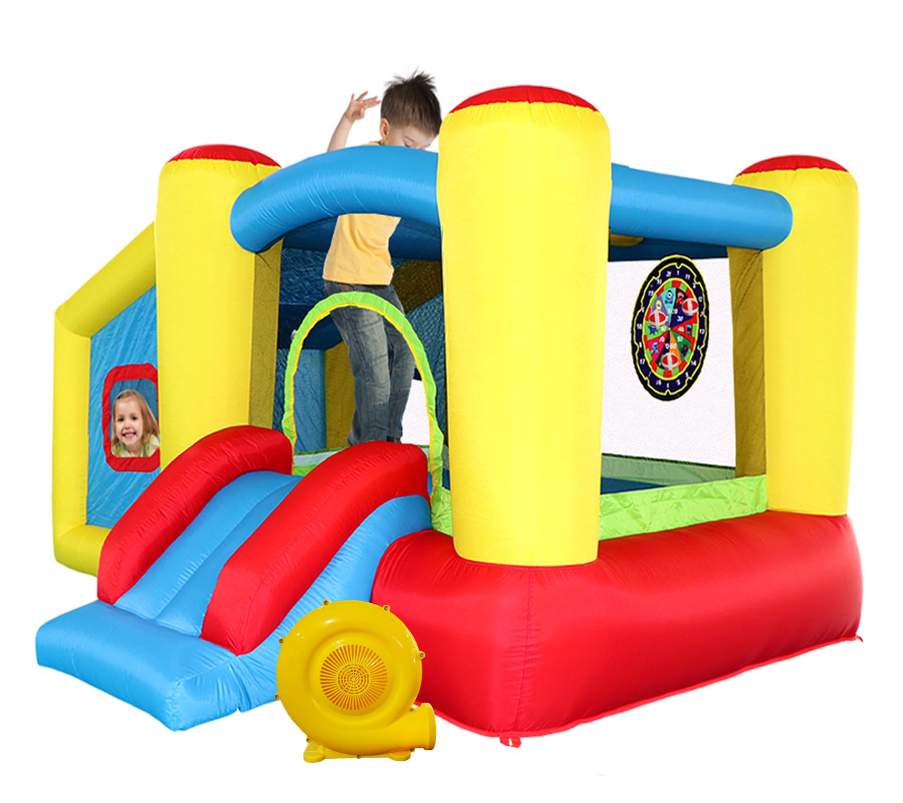 Inflatable Bounce House with Blower, Jumping Castle Slide, Kids Bouncer with Ball Pit, Basketball Rim, Dart Target Game