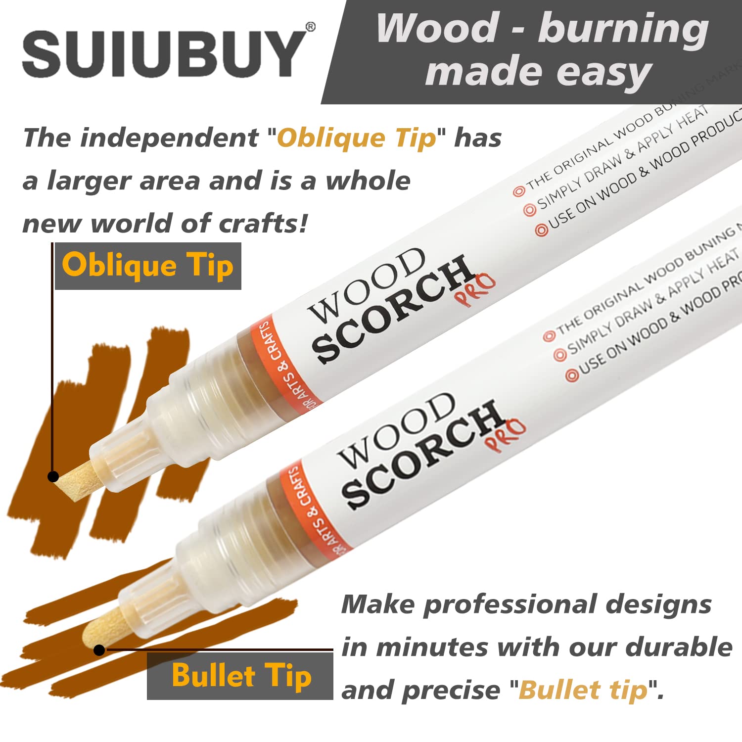 SUIUBUY Wood Burning Pen Kit, 2 PCS Scorch Pens Equipped with 2 PCS Replacement Oblique Tip, Chemical Burner Set, Suitable for Beginners of DIY Wood Burning Projects