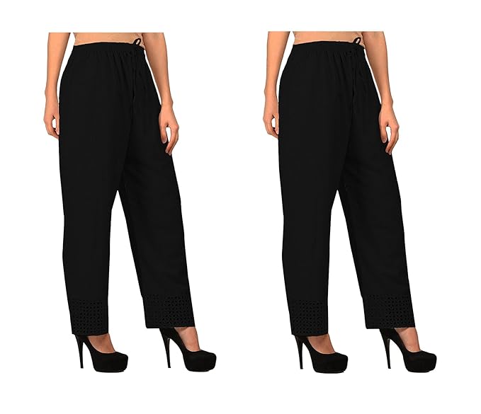 Women's Cotton Palazzo Designer Plain Casual Wear Palazzo for Women/Girl Combo Cotton Palazzo Color-Black-Black