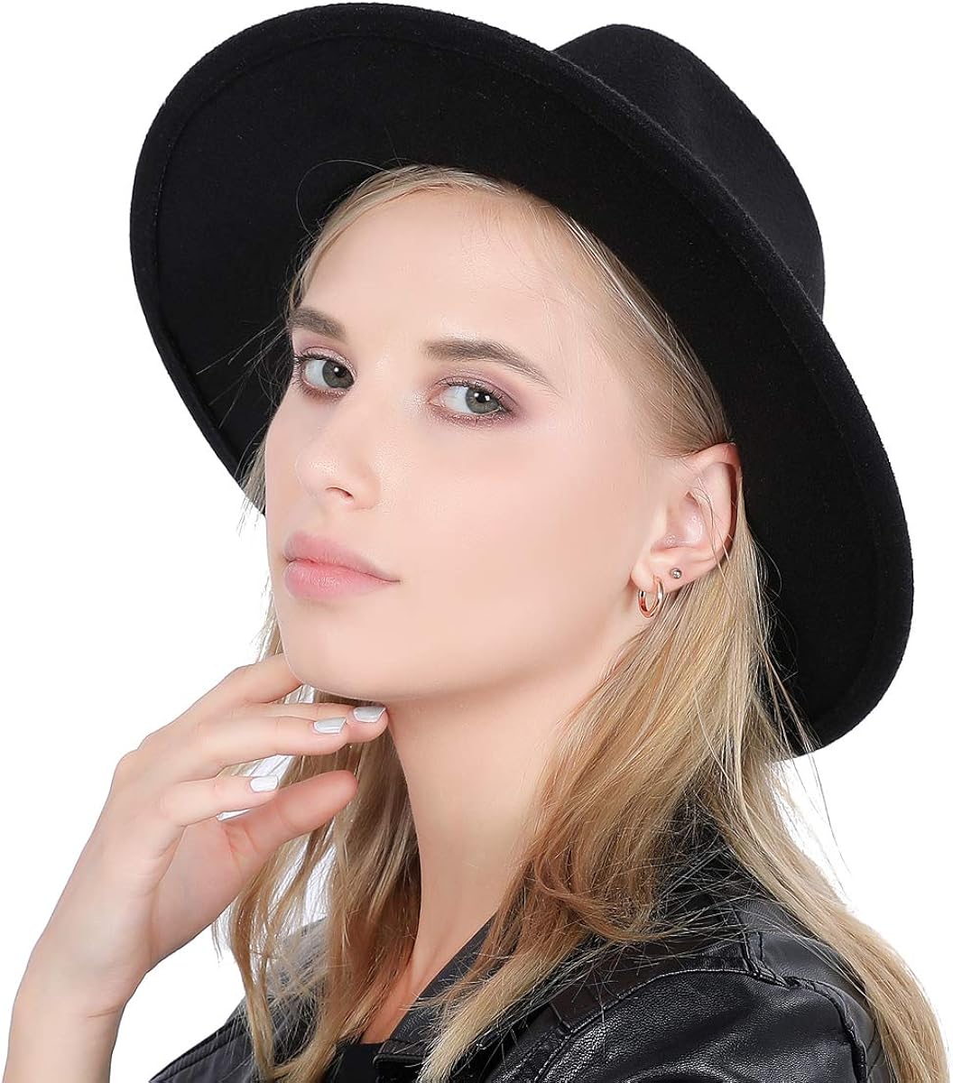 Lanzom Women Lady Retro Wide Brim Floppy Panama Hat Belt Buckle Wool Fedora Hat (Black, One Size) at  Women’s Clothing store