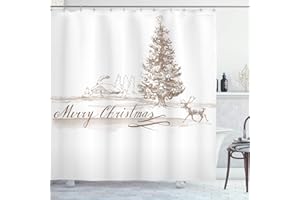 Ambesonne Christmas Shower Curtain, Romantic Vintage New Year Scenery with Reindeer Tree and Star Design Image, Cloth Fabric Bathroom Decor Set with Hooks, 69" W x 70" L, Brown
