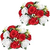 Briful Artificial Flower Balls for Table Centerpieces – 2PCS 8.6" Silk Rose Floral Arrangement Fake Floral Bouquet for Wedding Parties Baby Showers DIY Event Home Decor(Red White)