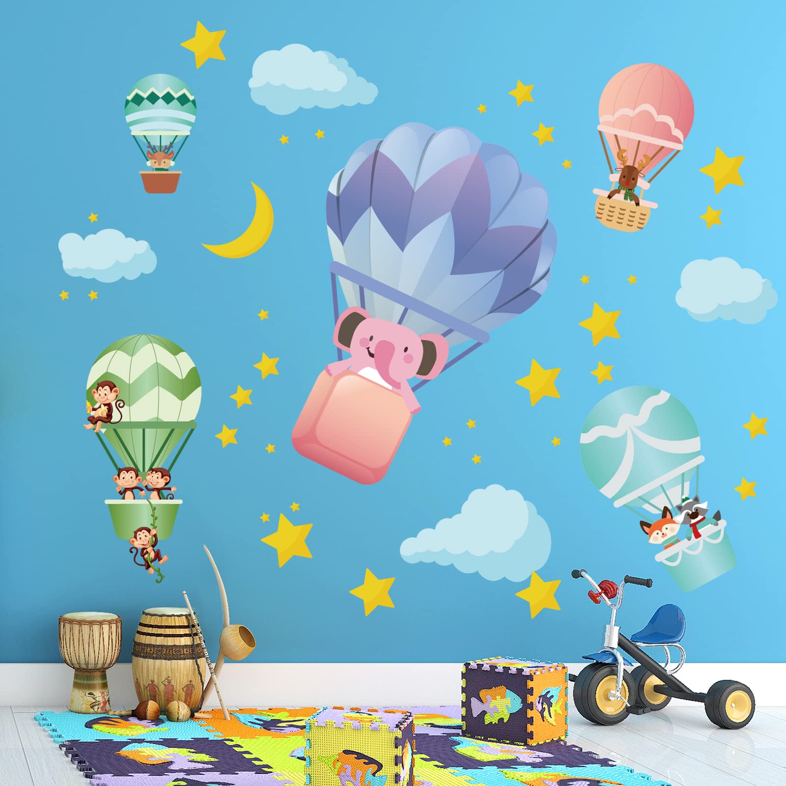 AnFigure Animals in Hot Air Balloons Wall Decals Elephant Deer Monkey Wall Stickers Kids Room Boys Room Bedroom Nursery Bedroom Playroom Wall Decor