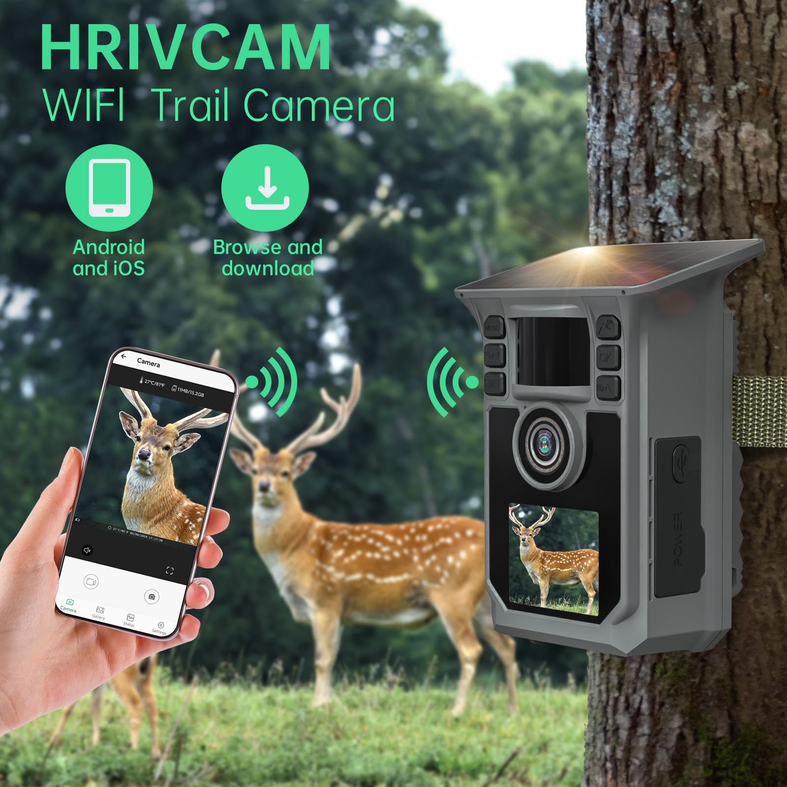 Hrivcam Trail Camera 4K 64MP WiFi Solar Game Camera, 5000mAh Forever Power, 64GB Memory Card and Ip67 Waterproof Night Vision Trail Cam for Outdoor Wildlife Detection, Monitoring Trail Cameras
