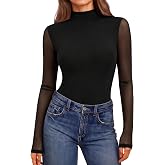 Ekouaer Womens Mesh Long Sleeve Tops Fall Fashion Mock Neck Slim Fit Shirts | Mock Turtleneck, Floral Pattern, Sheer Tulle, Night Out Clothes, Stretchy See Though Outfits, Sexy Thermal Blouses