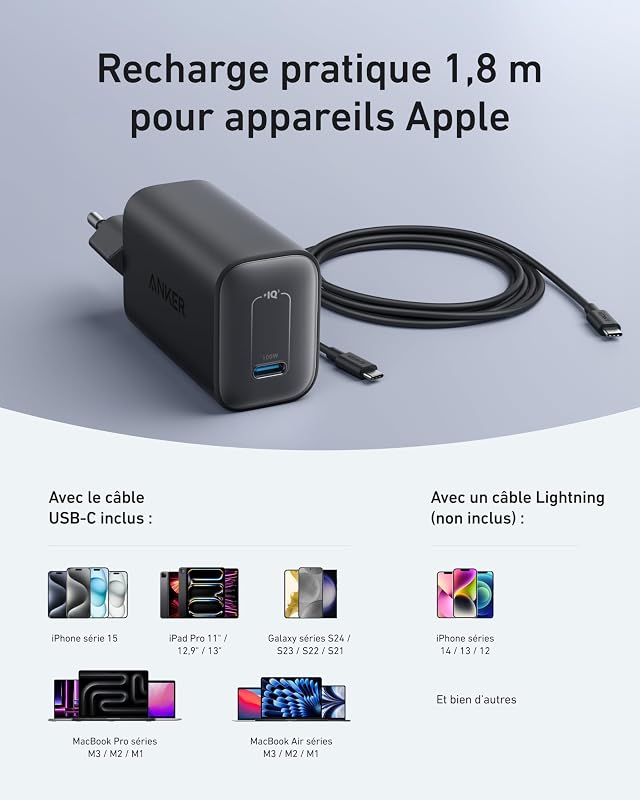 Nano Chargeur USB C Nano 100W (Câble USB C de 1,8 m Inclus)