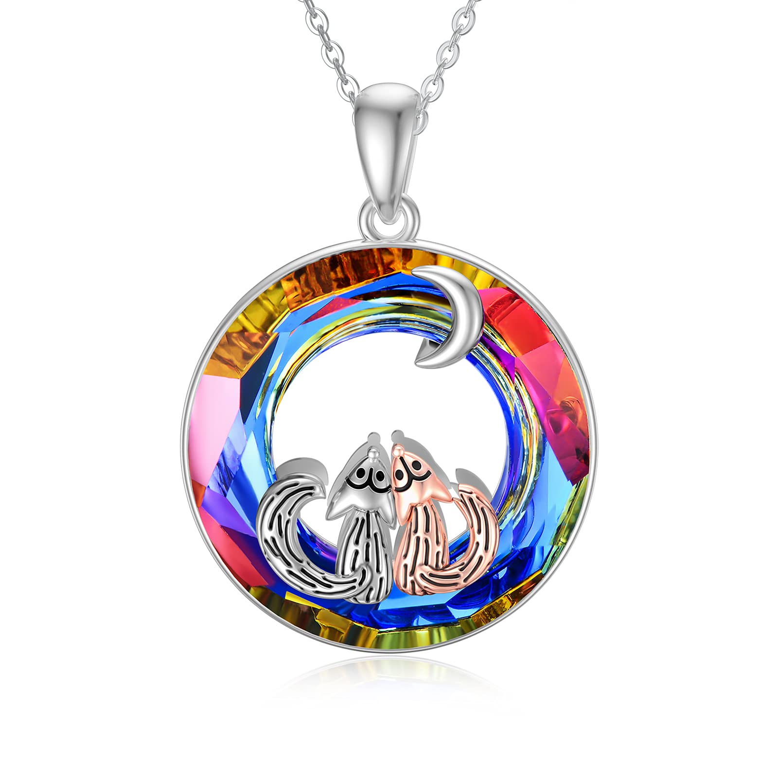 URONE Fox Necklace Sterling Silver Two Fox and Moon Pendant with Crystal from Austria Cute Animal Jewellery Gifts for Women Mom Wife Daughter
