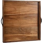 Extra Large Square Ottoman Tray for Living Room Coffee Table 21 x 21 Inch Decorative Acacia Wooden Serving Tray with Leather Handles for Breakfast in Bed Dinner Food TV (Color Natural)