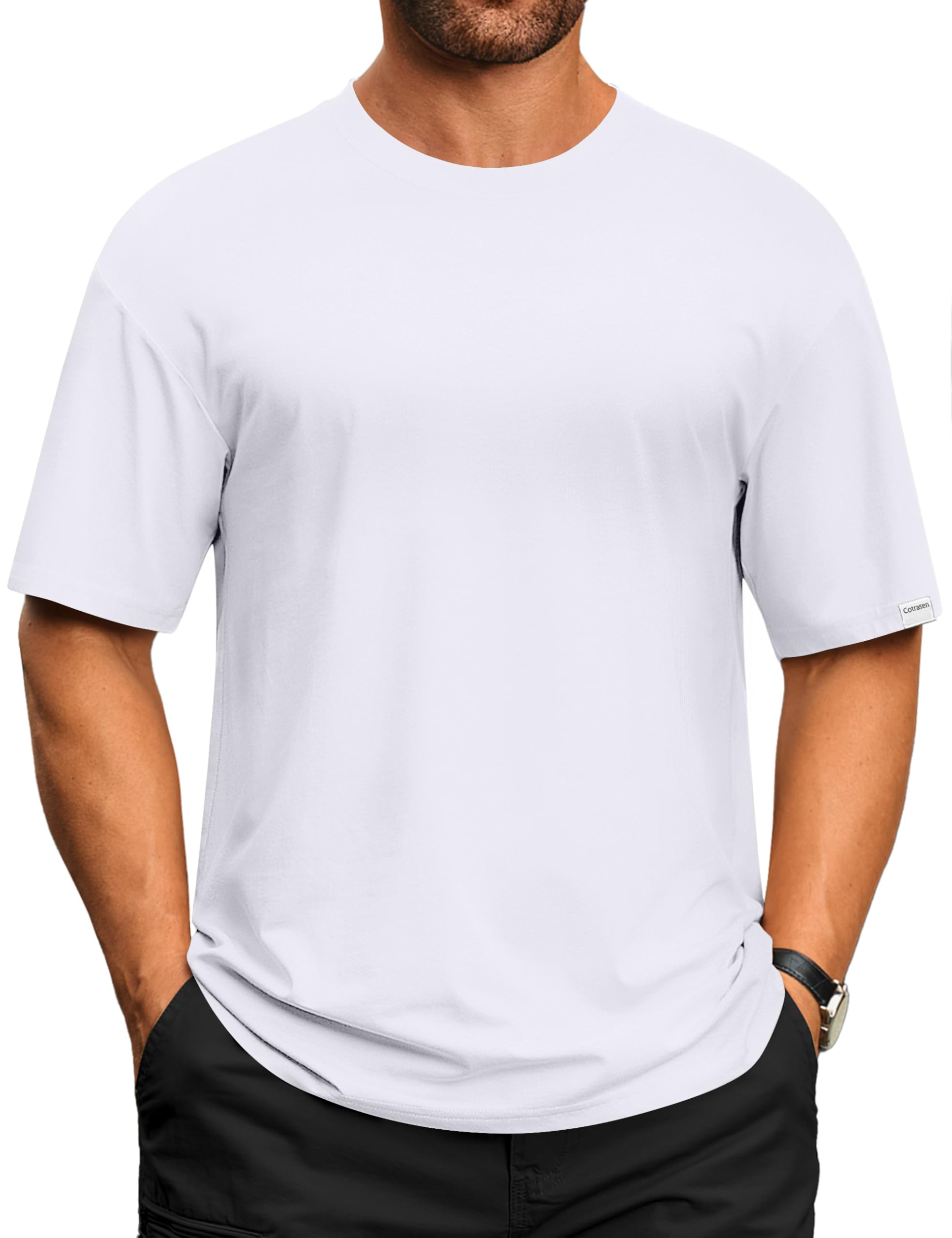 Photo 1 of Cotrasen Men's Classic T-Shirts Drop Shoulder Short Sleeve Cooling Tshirt Loose UPF 50+ Tee Shirt for Summer White M