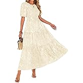 KIRUNDO Womens Summer Dresses Wedding Guest Floral Midi Sundress Short Puff Sleeve Flowy A Line Smocked Tiered Boho Dress