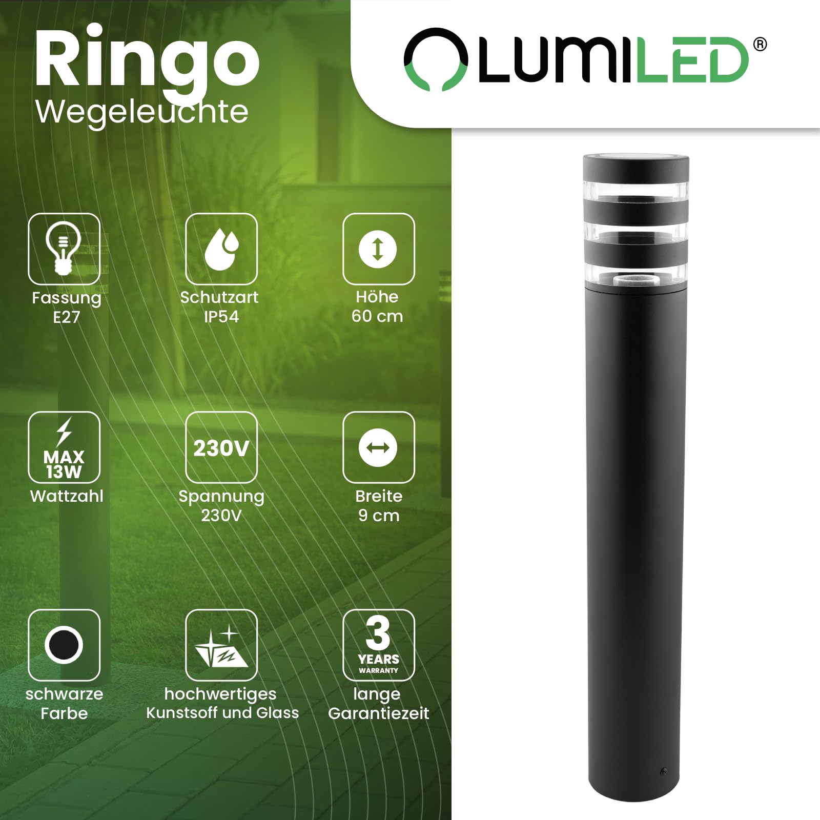 Lumiled Wegeleuchte Außen 60cm E27 IP54 Schwarz Pollerleuchte Außenleuchte 2