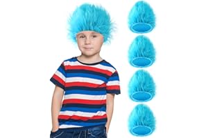 XunYee 4 Pieces Blue Fuzzy Wig Funky Clown Hair Wig Crazy Wig Character Cosplay Costume Accessories for Kids Teens 100th Day of School Spirit Day Party Reading(Sky Blue)