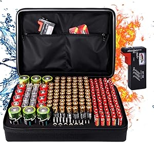 Fireproof Battery Organizer Storage Box, Fireproof Waterproof Explosionproof Safe Carrying Case Bag Hard Holder, Holds 200+ Batteries AA AAA C D 9V, with Battery Tester BT-168 (Not Includes Batteries)
