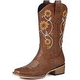 Bybmorto Cowboy Boots for Women - Mid Calf Western Sunflower Cowgirl Boots with Floral Embroidery, Square Toe Stitched Pull On Retro Design, Perfect for Country Idyll, Concerts and More