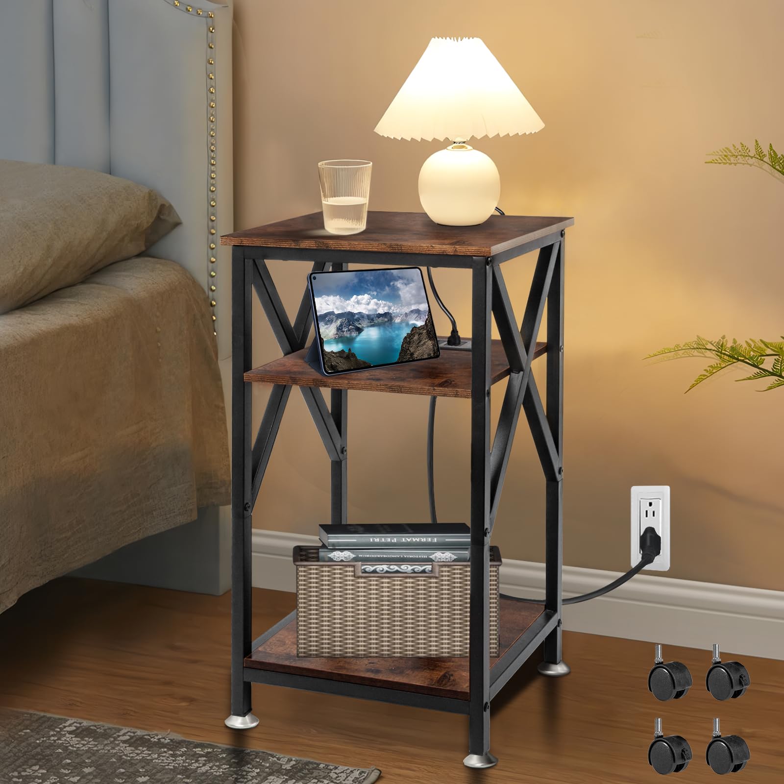 Photo 1 of TooCust 3 Tier End Table with Charging Station, 16" W x 12" D x 28" H, Metal and Brown Bedside Table with USB Ports and Outlets, X-Shaped Side Table with Wheels for Living Room, Bedroom, Kitchen