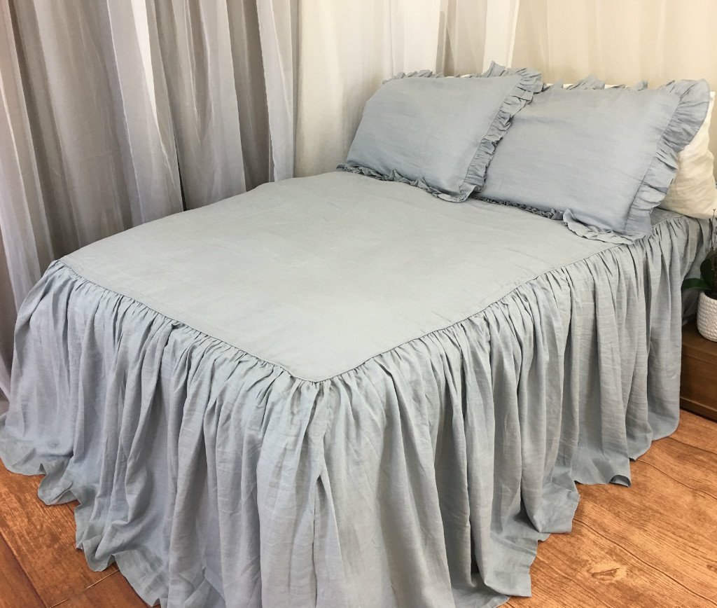 Duck Egg Blue Bedspreads handmade in natural linen, Duck