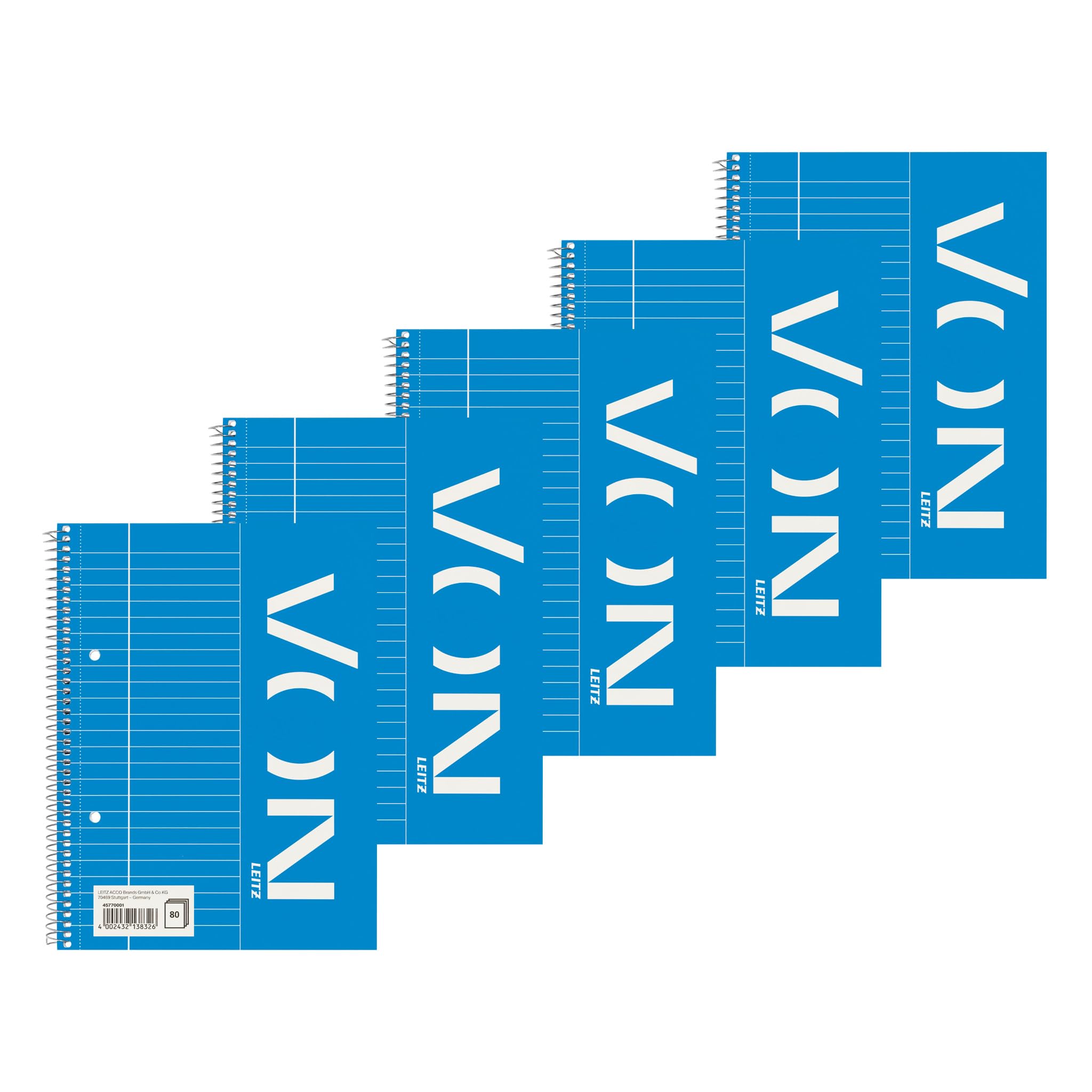 Leitz 45770001 College Notepad A5 Lined, Pack of 5, Notepad with 160 Pages, 80 Sheets, Ideal for Office, Study and School, with Margin on the Left,