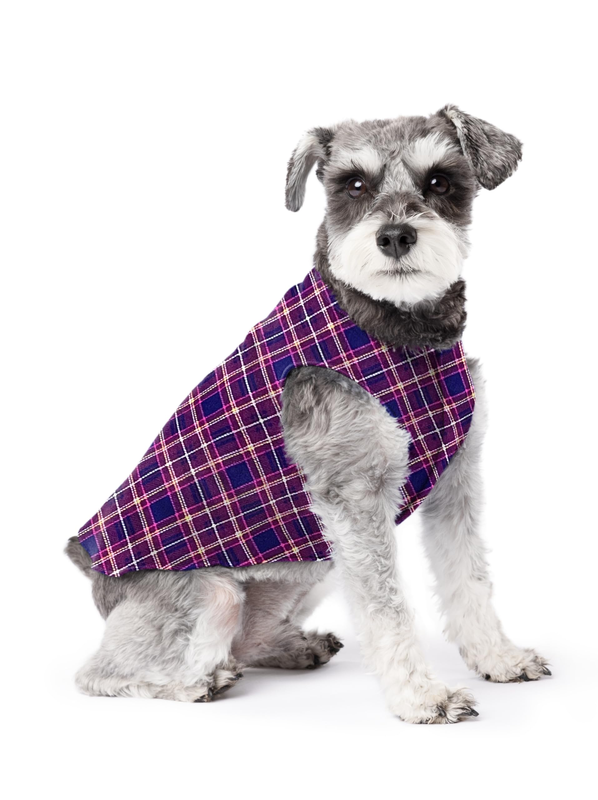 Goldpaw Stretchy Fleece Jacket for Small Dogs - Super Soft, Warm Dog Sweater - Pet Sweater Vest for Fall and Winter - Canine Clothes Made in The USA - Machine Washable - Mulberry Plaid - Size 10