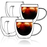 CNGLASS 12oz(4-pack) Double Walled Glass Coffee Mugs,Insulated Glass Mugs with Handle,Clear Espresso Cups for Latte,Cappuccino,Tea Bag