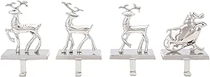 BIRDROCK HOME Reindeer &amp; Santa Claus Stocking Holder Set for Mantle - Set of 4 - Christmas Decorations - Holiday Mantle Fireplace Topper - Decorative Metal Hanger for Stockings - Home Décor Stand