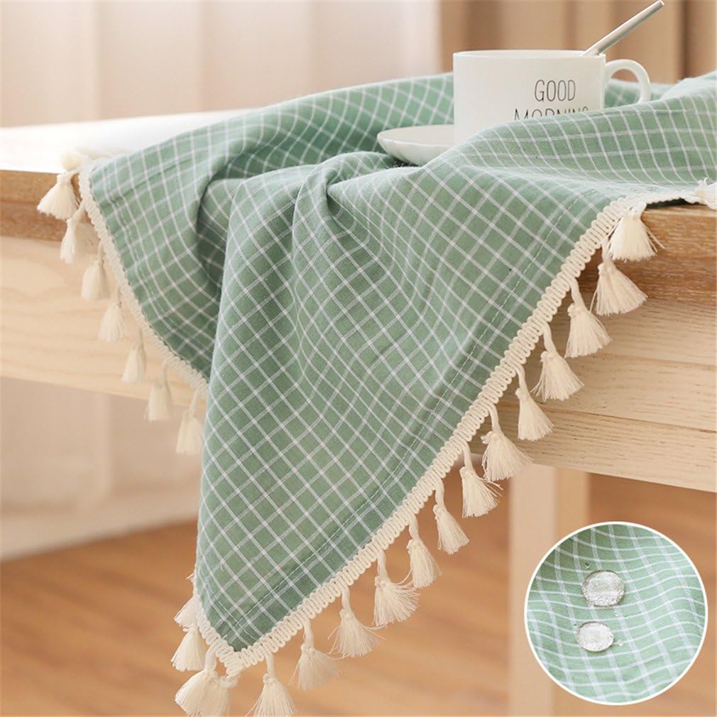 LUCKYHOUSEHOME Green and White Checkered Tassel Tablecloth Waterproof Rural Small Home Kitchen Dinning Tabletop Table Cover 39 x 55 Inch