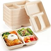 Havawish 80 Pack 37 oz 3 Compartment Deepen Disposable Plate, 8.9" x 6.9" x 1.6" Compostable Square Lunch Tray Heavy Duty Biodegradable Bagasse Divided Sectional Bowl for Party Catering Meal Prep