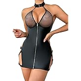 WDIRARA Women's Contrast Mesh Cut Out Zip Up Halter Dress Lingerie Set with Thong