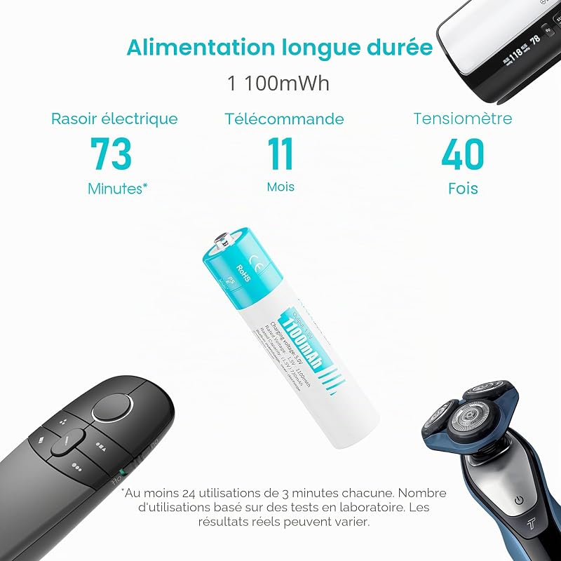 Piles Rechargeables AAA 1,5 V - Lot de 8 Piles Rechargeables avec Chargeur Ultra Rapide 2H, Durable et Haute Capacité avec 1100 mWh, Cycles 1300 Fois, Sortie Constante(Noir) — photo 2 sur 7