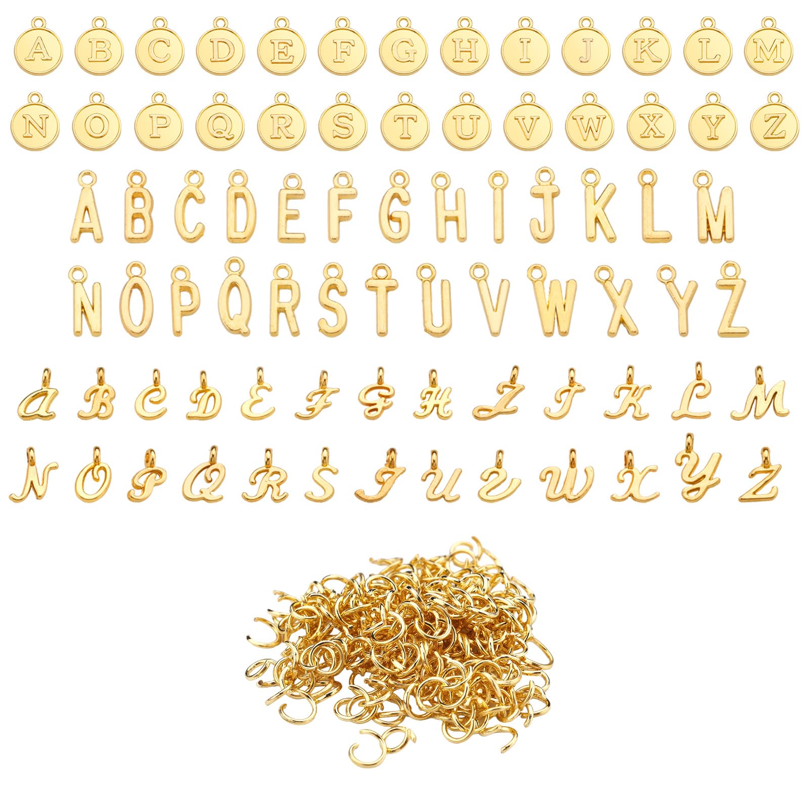 PEUTIER 156pcs/6 Sets A-Z Letter Charms for Jewelry Making, 3 Designs Initial Charms Mini ABC Alphabet Pendants with 200pcs Open Jump Rings for DIY Bracelet Necklace Craft (Gold)