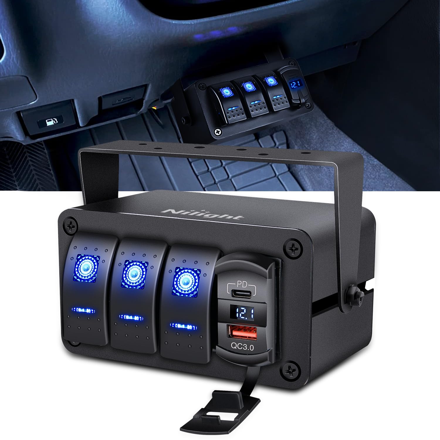 Photo 1 of Nilight 3 Gang Rocker Switch Panel Blue Backlit with PD Type C and USB Charger Voltmeter Waterproof 12V 24V DC Rocker Switch with Night Glow Stickers for Car Trucks Boats RVs,2 Years Warranty,Blue/Box