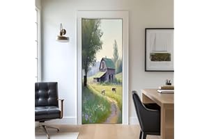 Door Stickers Peel and Stick Door Decal Barn Farmhouse Rustic Landscape Painting Cow Textured Artwork Removable Mural Wallpap