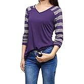 Allegra K Women's Striped T-Shirt Color Block Long Raglan Sleeve V Neck Baseball Tee Shirt Top