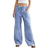 Cicy Bell Womens Wide Leg Jeans Vintage Mid Rise Baggy Boyfriend Belted Denim Pants with Pockets