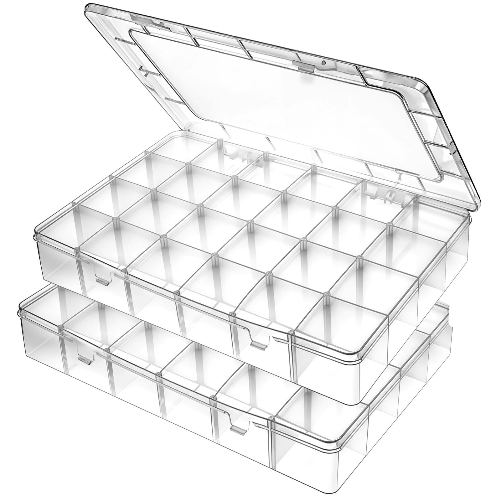 Photo 1 of ****1 OF THE BOXES HAS MAJOR DAMAGE(BROKEN) **** Molain 24 Grids Large Plastic Organizer Box, 2Pcs Clear Storage Box with Adjustable Dividers Container Craft Storage for Jewelry, Art DIY Crafts, Washi Tapes, Fishing Tackle, Beads and Small Parts