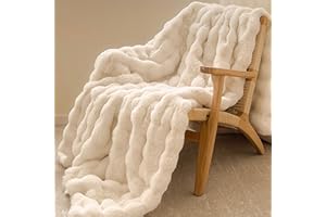 Faux Rabbit Fur Throw Blanket, Luxury Soft Warm Bubble Blanket for Bed, Couch, Sofa, Beige, 50" X 60"