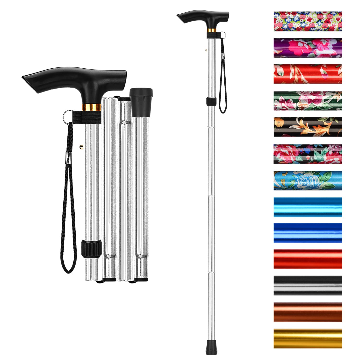 supregear Walking Stick - Adjustable Folding Walking Sticks for Women and Men - Lightweight Portable Collapsible Balancing Aid - Foldable Travel Cane for Ladies Elderly Adults, Silver