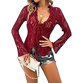 4UFIT Women's Sexy Open Front Tie Long Sleeve Blouse Ruffle Trim V Neck Sheer Floral Lace Crop Tops