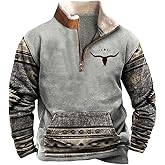 Zhyaj Western Sweatshirts for Men Fashion Cowboy Vintage Graphic Quarter Zip Fleece Hoodie Mens Fall Pullover Country Jacket C Gray