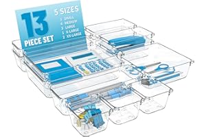 SUOXING Utility Drawer Organizer Set of 13,With Non-Slip Silicone Pads, 5 Size Small Bins for Organization for Bathroom、Vanity、Nightstan、Kitchen、Office Desk Clear Plastic Organizing Containers for Drawers