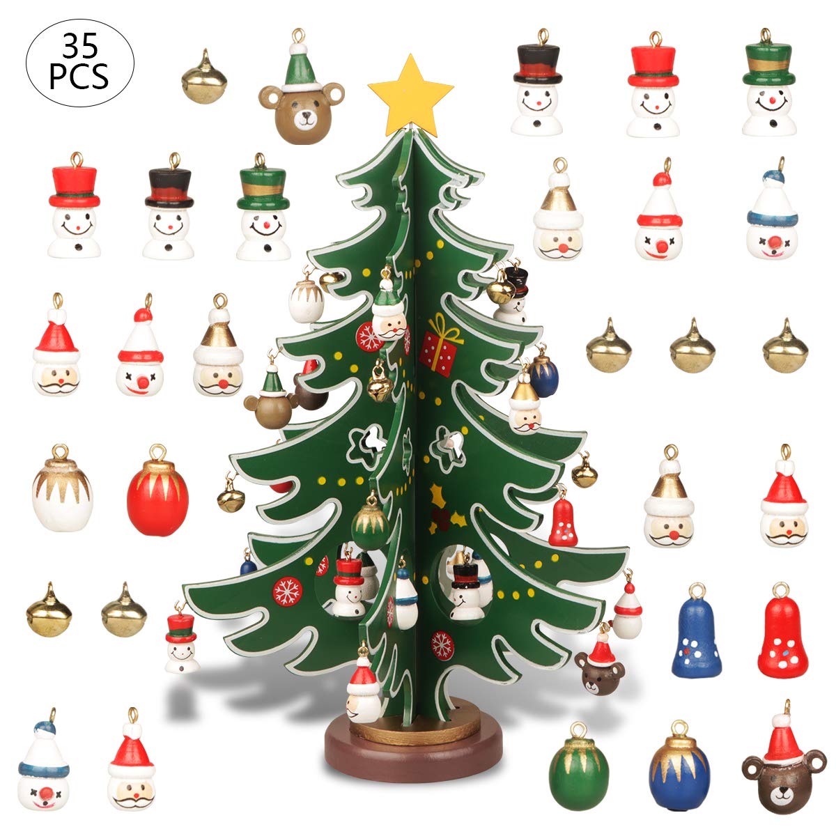YiYa Mini Wooden Tabletop Christmas Tree Christmas Toy Set with 30 Mini Christmas Ornaments and 1 Star Treetop for Christmas Decoration Tabletop Decors (L)