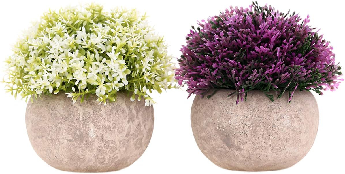 2 Packs Small Fake Plants Artificial Mini Potted Plants Artificial Plants for Home Decor Indoor Faux Plants in Pots Centerpiece Topiary Shrubs for Bathroom Decoration, Purple and White