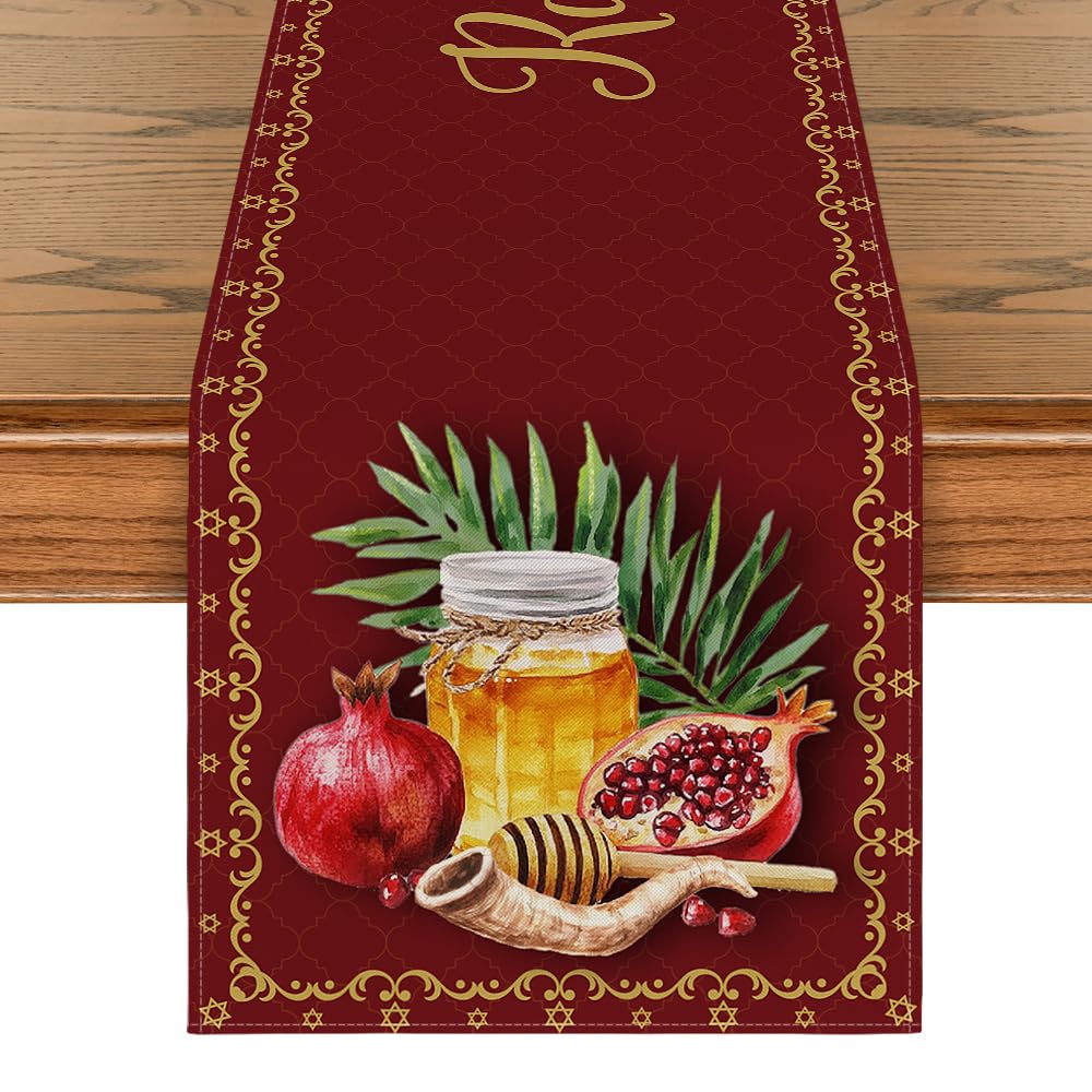Photo 1 of Artoid Mode Red Pomegranate Honey Rosh Hashanah Table Runner, New Year Shana Tova Kitchen Dining Table Decoration for Home Party Decor 13x72 Inch