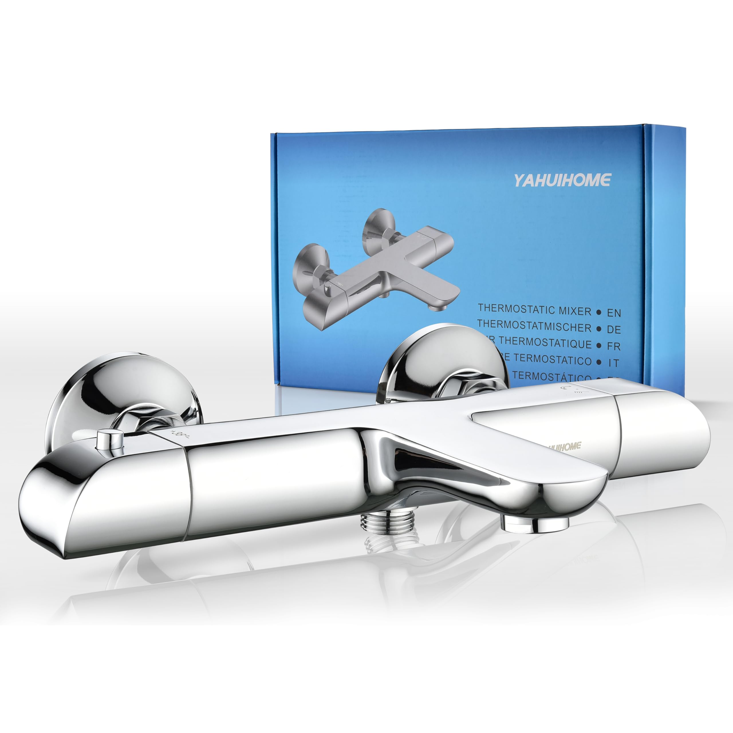 YAHUIHOME Chrome Thermostatic Bath Shower Mixer Tap, Bath Mixer Taps Bar with Bath Filler Spout, Solid Brass Thermostatic Shower Valve Bath Taps Faucet with 38°C Safety Lock Anti-Scald