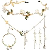Quelay 4 Pcs Lily of the Valley Fairy Jewelry Set Flower Necklace Bracelet Renaissance Earrings Headband Floral Headdress
