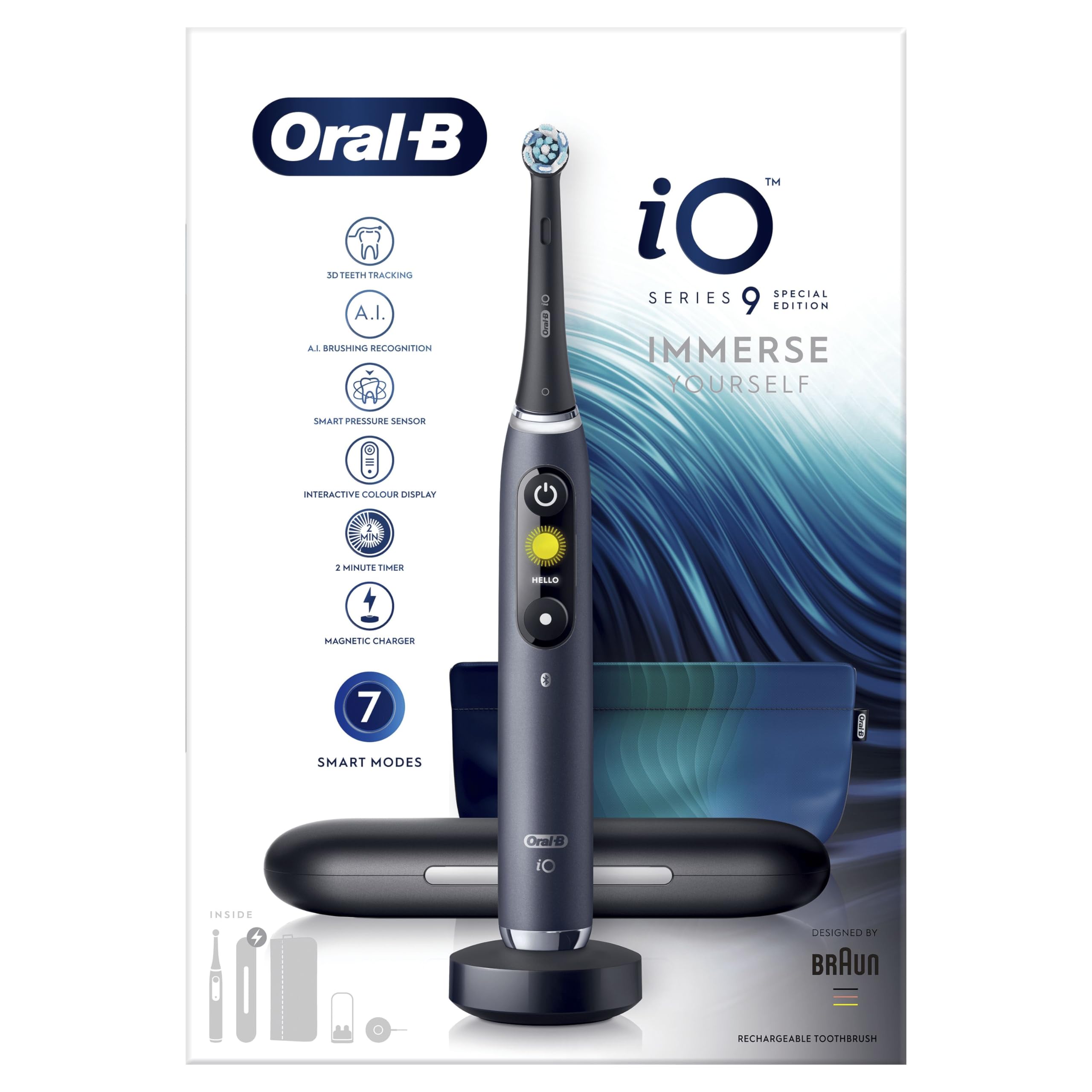 Oral-B iO9 Electric Toothbrushes For Adults, App Connected Handle, 1 Toothbrush Head, Charging Travel Case, 7 Modes, Teeth Whitening, 2 Pin UK Plug, Special Edition