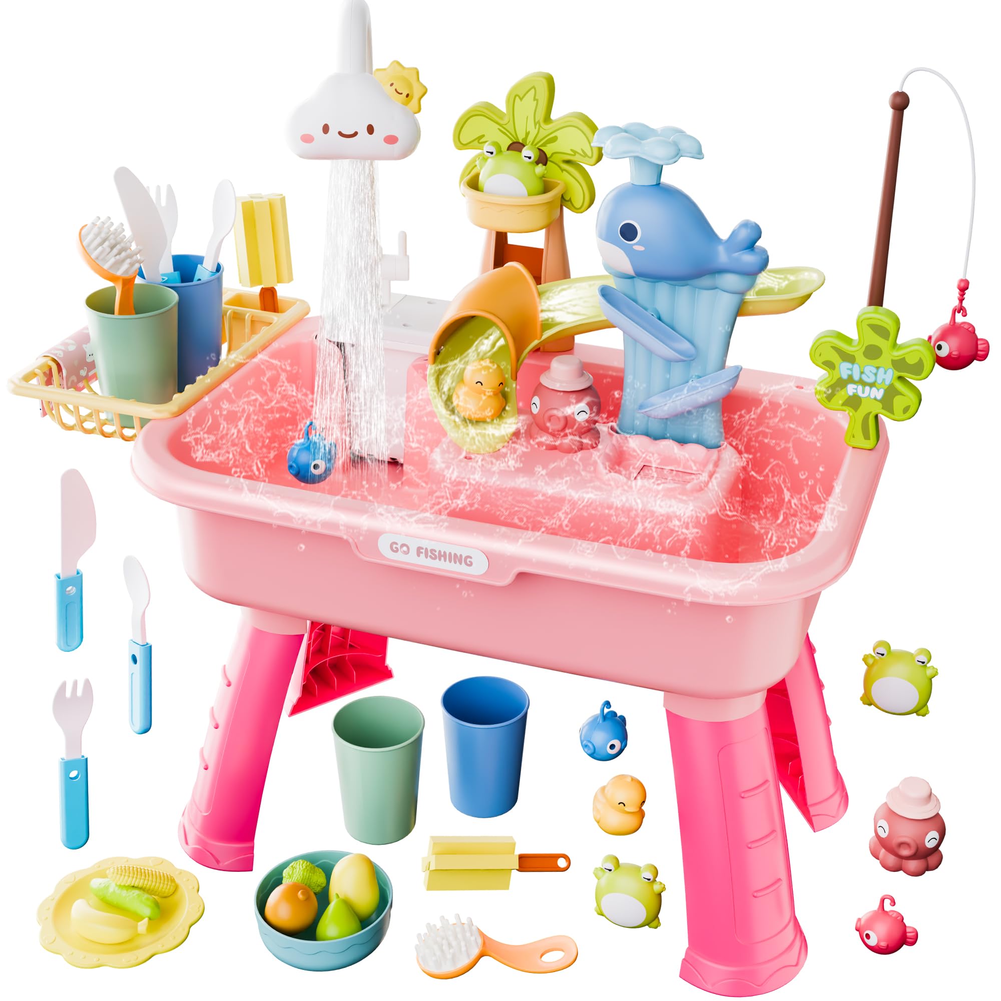 Photo 1 of 2026 Upgraded Water Table for Toddlers 3+, Water Table for Kids Ages 4-8 with Pump, Play Sink with Running Water, Kitchen Sink for Toddlers, Fishing Game and Outside Sensory Toys (Pink)